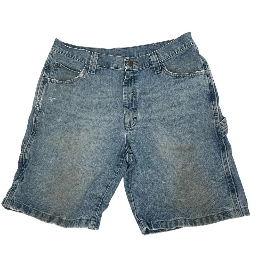 Wrangler Carpenter Denim Shorts Mens 34 Blue Distressed Jorts Stains Rips